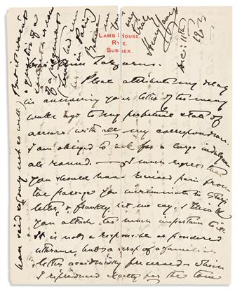 JAMES, HENRY. Autograph Letter Signed, to the sister of author and activist Emma Lazarus, Josephine (Dear Miss Lazarus),